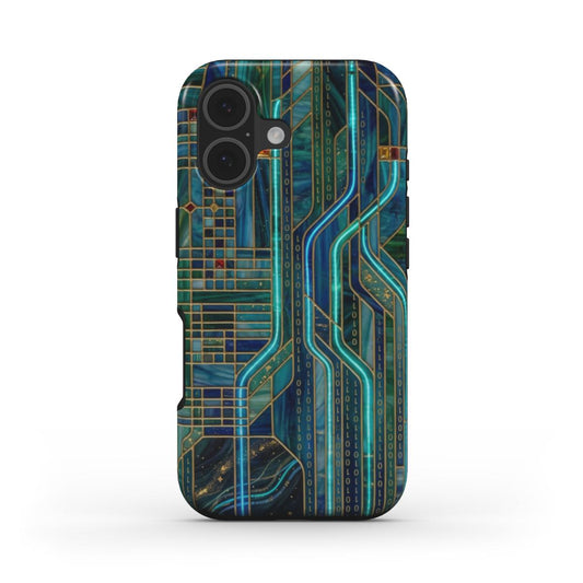 Stoßfeste Handyhülle Neon Matrix – Lumina Mosaik Edition – Frontansicht auf iPhone – Glasmosaik Design