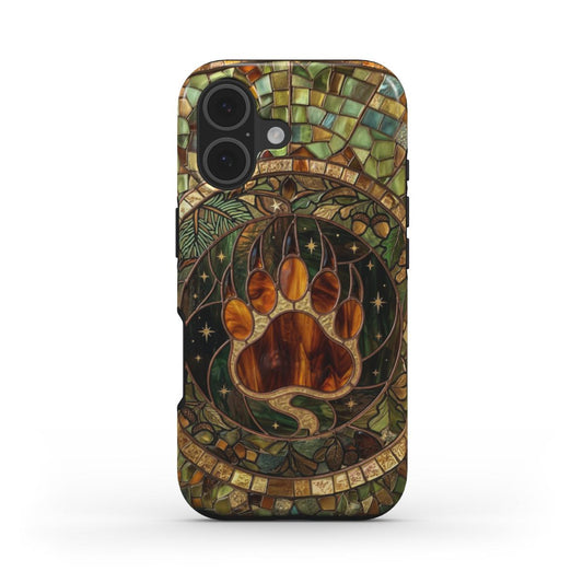 Stoßfeste Handyhülle Bärenpfote Wald – Lumina Mosaik Edition – Frontansicht auf iPhone – Glasmosaik Design