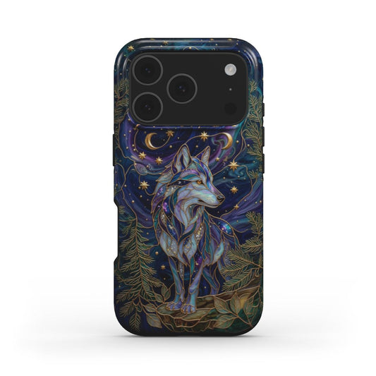 MagSafe Handyhülle Mystischer Wolf – Lumina Mosaik Edition – Frontansicht auf iPhone – Glasmosaik Design