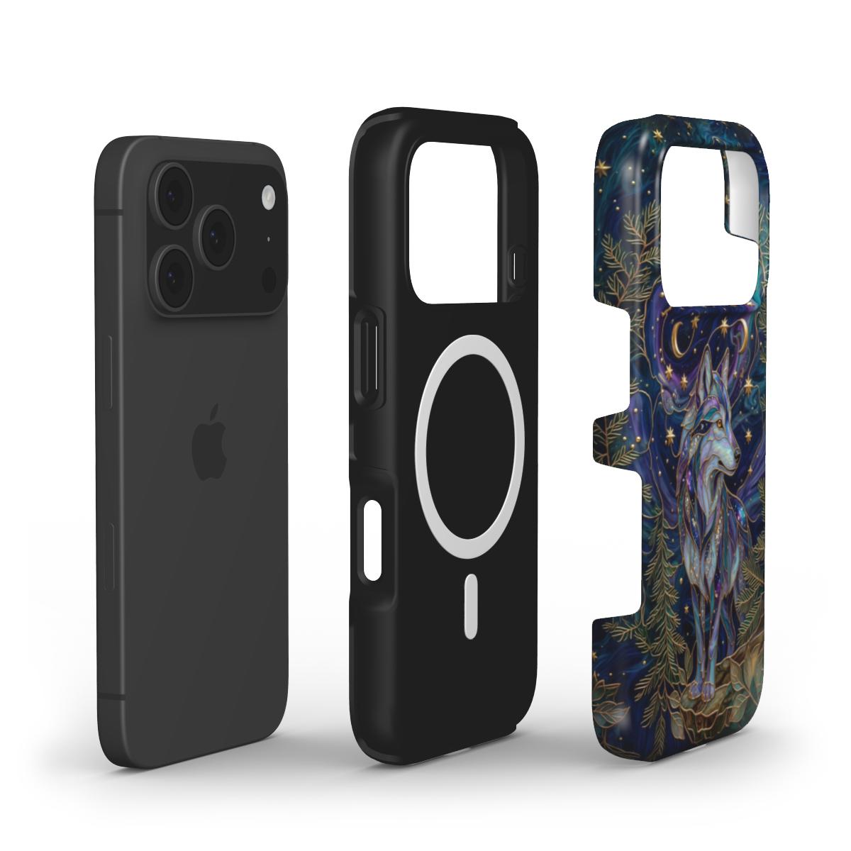 MagSafe Handyhülle Mystischer Wolf – Lumina Mosaik Edition – MagSafe Magnetring Aufbau – Dual Layer Konstruktion