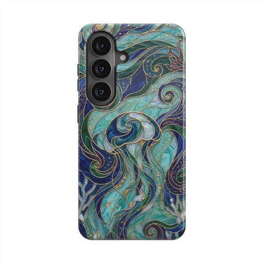 Magnetische Handyhülle Qualle Tiefsee – Lumina Mosaik Edition – Frontansicht auf Samsung Galaxy – Glasmosaik Design