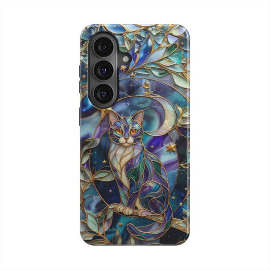 Magnetische Handyhülle Mondlicht Katze – Lumina Mosaik Edition – Frontansicht auf Samsung Galaxy – Glasmosaik Design