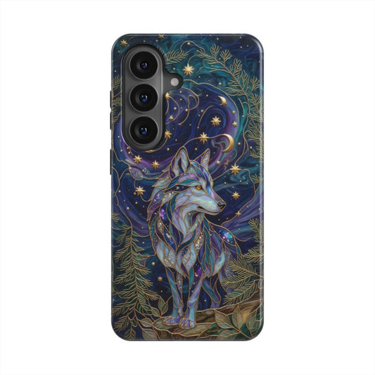 Magnetische Handyhülle Mystischer Wolf – Lumina Mosaik Edition – Frontansicht auf Samsung Galaxy – Glasmosaik Design