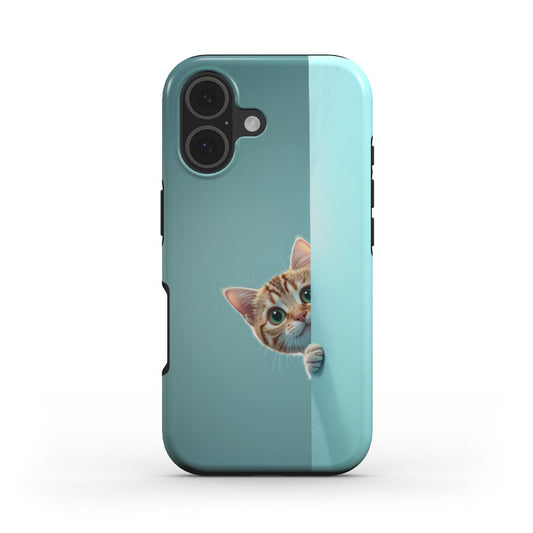 Stoßfeste Handyhülle „Neugierige Katze“ – Frontansicht mit oranger Tabby-Katze auf mintfarbenem Hintergrund