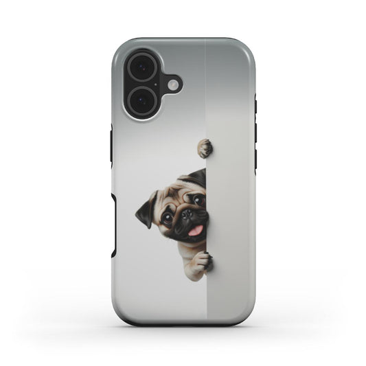 Stoßfeste Handyhülle „Neugieriger Mops“ – Frontansicht mit witzigem Hunde-Motiv