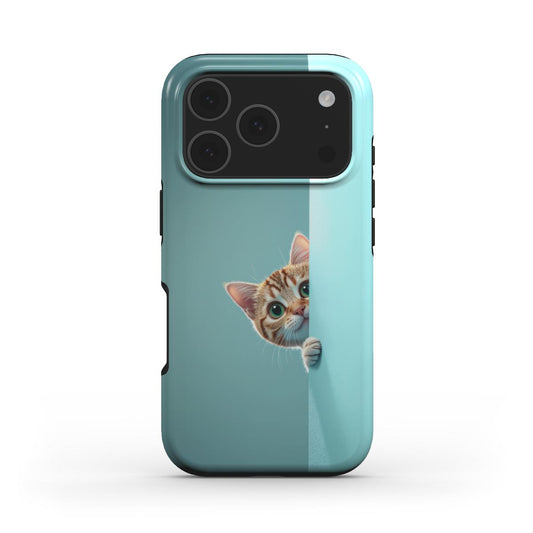 MagSafe Handyhülle „Neugierige Katze“ – Frontansicht mit oranger Tabby-Katze auf mintfarbenem Hintergrund