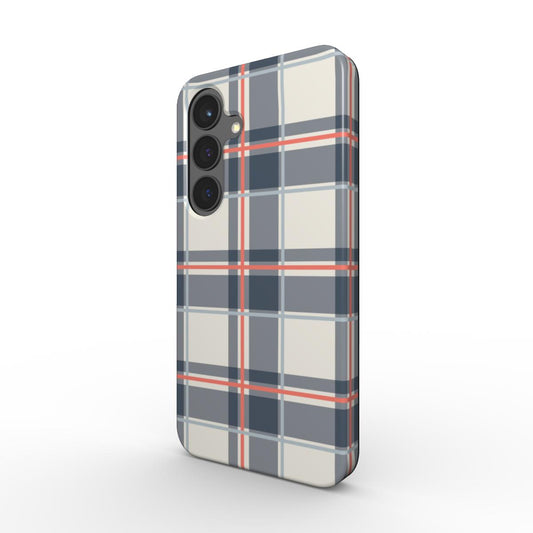 Magnetische Handyhülle „Marineblau-Persimone Tartan“ – Schrägansicht mit Kameraschutz