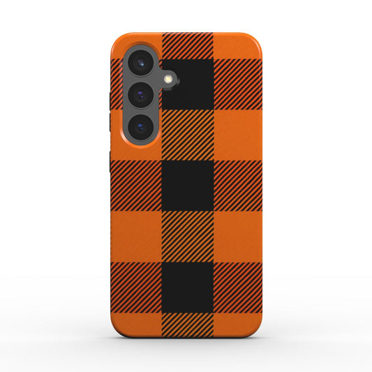 Rückansicht der Tough Case Handyhülle im Orange-Black Buffalo-Plaid; mittiges schwarzes Karofeld, erhöhte Kanten.