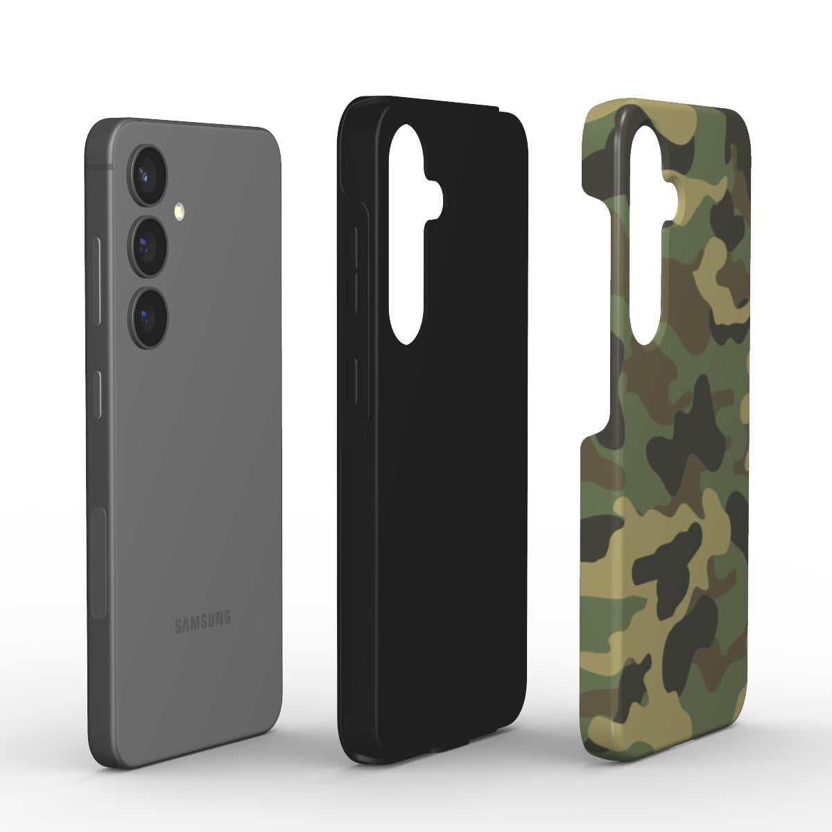 Explosionsdarstellung der Schichten: Smartphone, schwarzer TPU-Liner und bedruckte PC-Hartschale der stossfesten Camo Huelle.