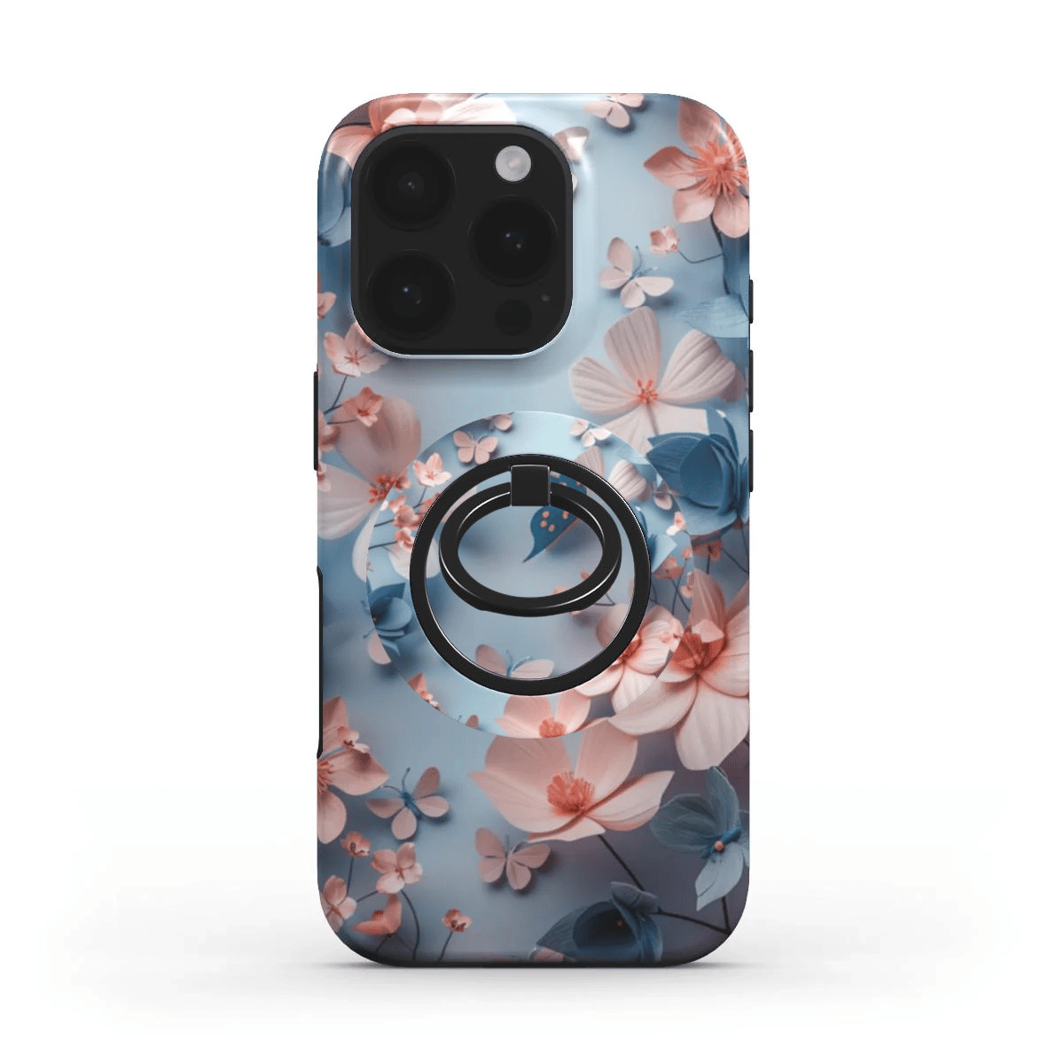 Alt-Text: Ringhalter auf komplett floraler iPhone-Hülle – Design-Match