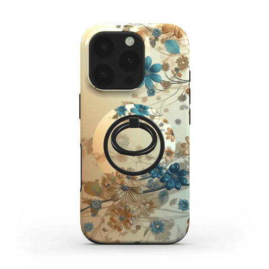 Alt-Text: Floraler Ringhalter auf vollständig passender Handyhülle in Beige & Blau