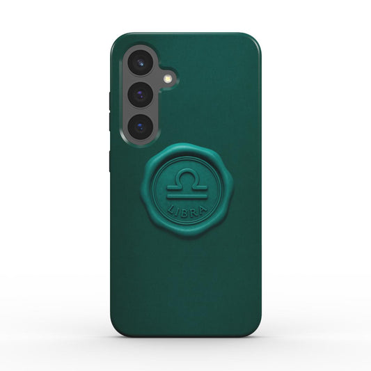 Rueckansicht der smaragdgruenen Tough Handyhuelle mit Libra-Siegel; stossfest, praezise Kameraausschnitte.