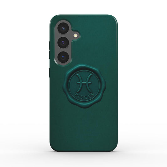 Rueckansicht der smaragdgruenen Tough Handyhuelle mit Pisces-Siegel; stossfest, praezise Kameraausschnitte.