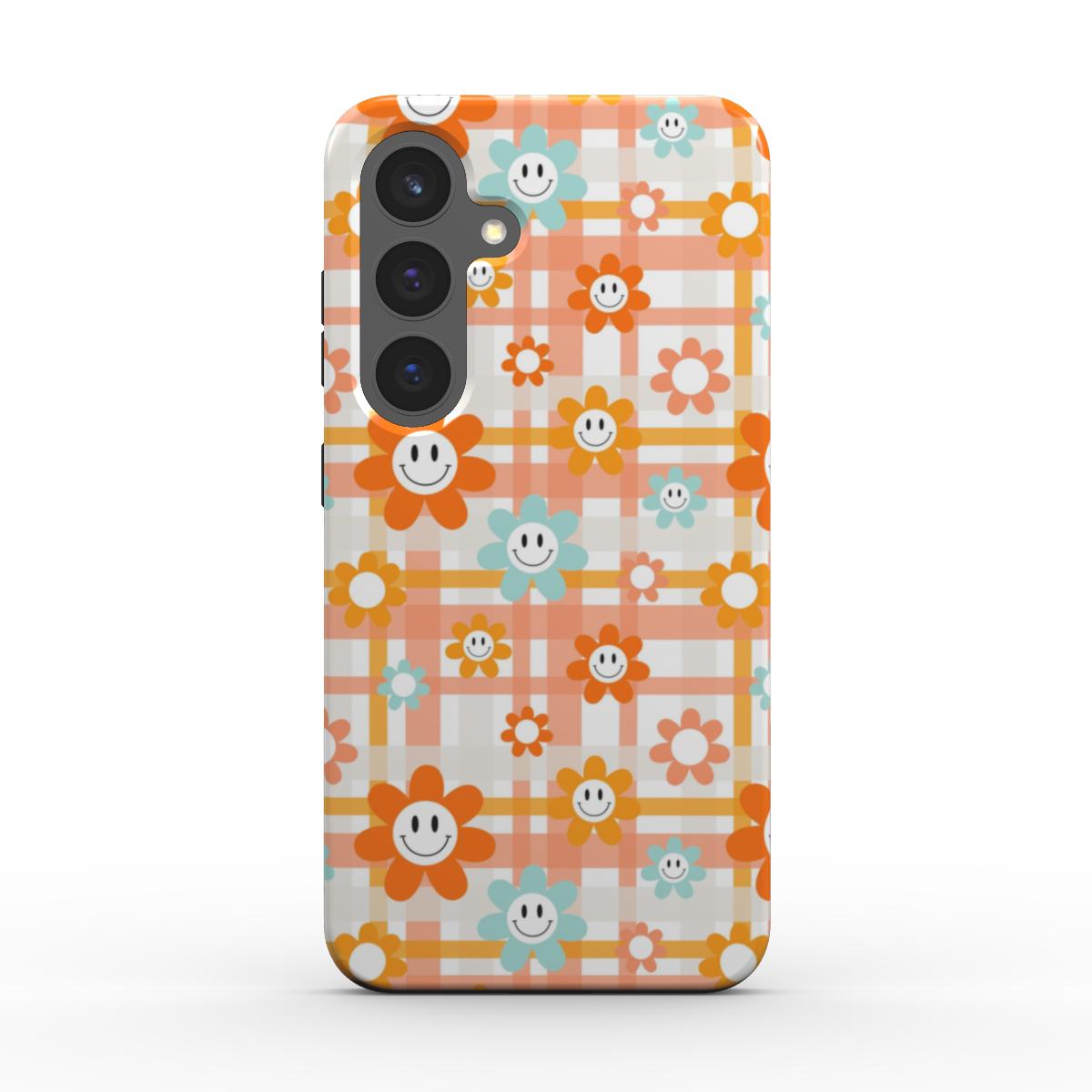 Rückansicht der stoßfesten Tough Handyhülle im Smiley-Blumen-Karo-Design mit erhöhtem Kameraschutz.