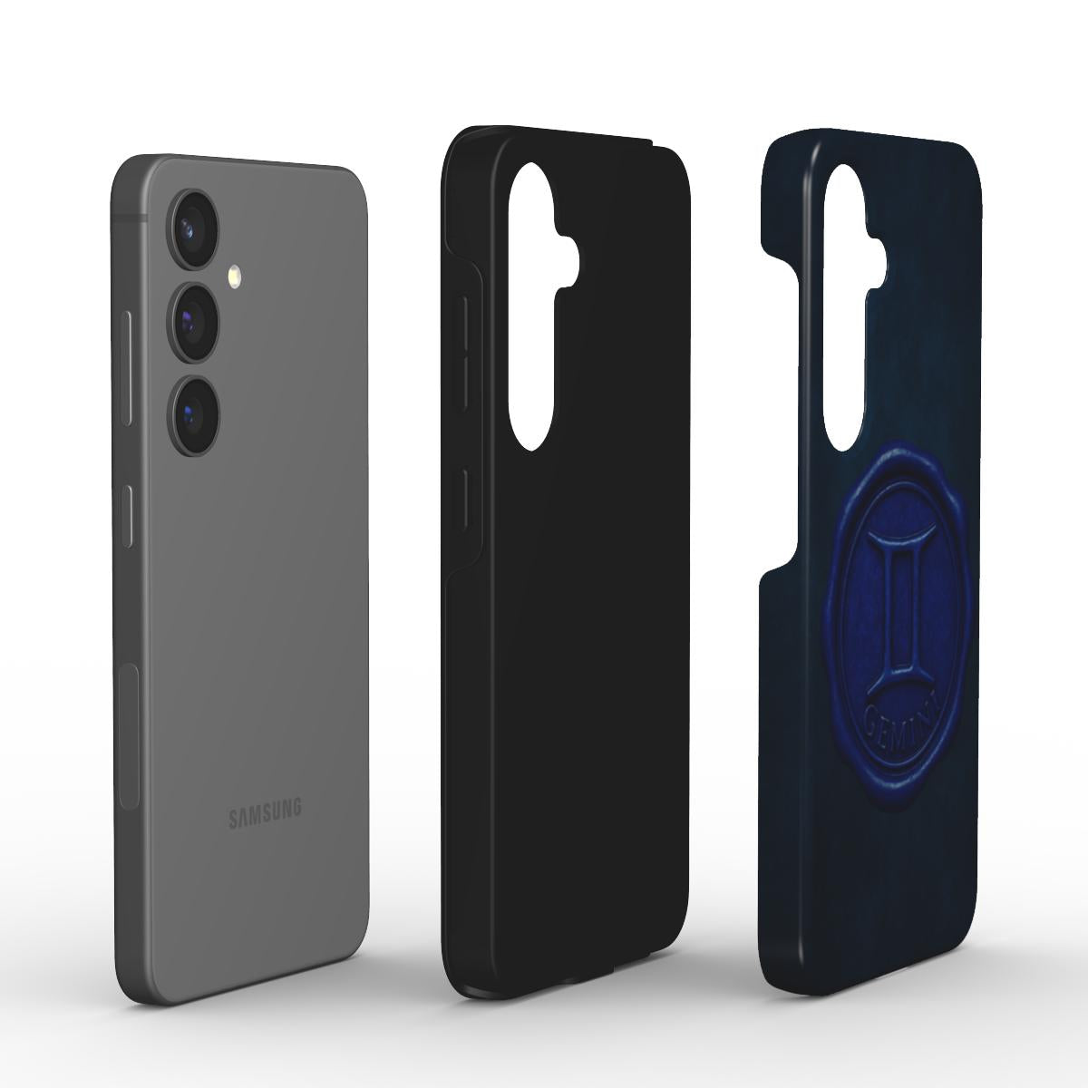 Explosionsdarstellung: Smartphone, innere schwarze TPU-Schicht und äußere PC-Schale der Tough Hülle mit Gemini-Design.