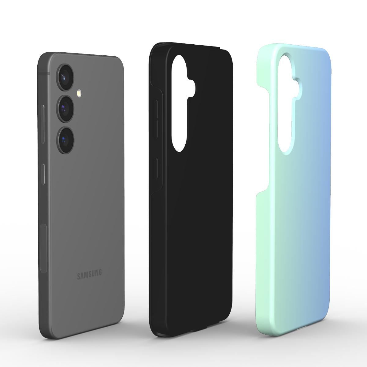 Smartphone, schwarze Innenschale und Blue Lagoon Hülle nebeneinander gezeigt