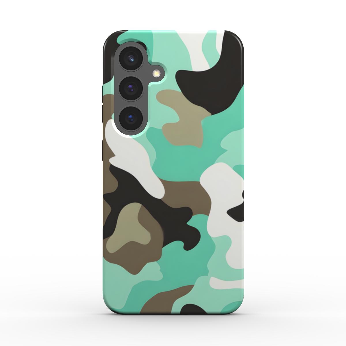 Rueckseite der stossfesten Mint-Teal Camo Handyhuelle mit praezisem Kameraausschnitt und no-fade Druck.
