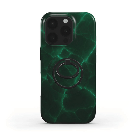Grün-marmorierter Magnet-Ringhalter auf passender Handyhülle