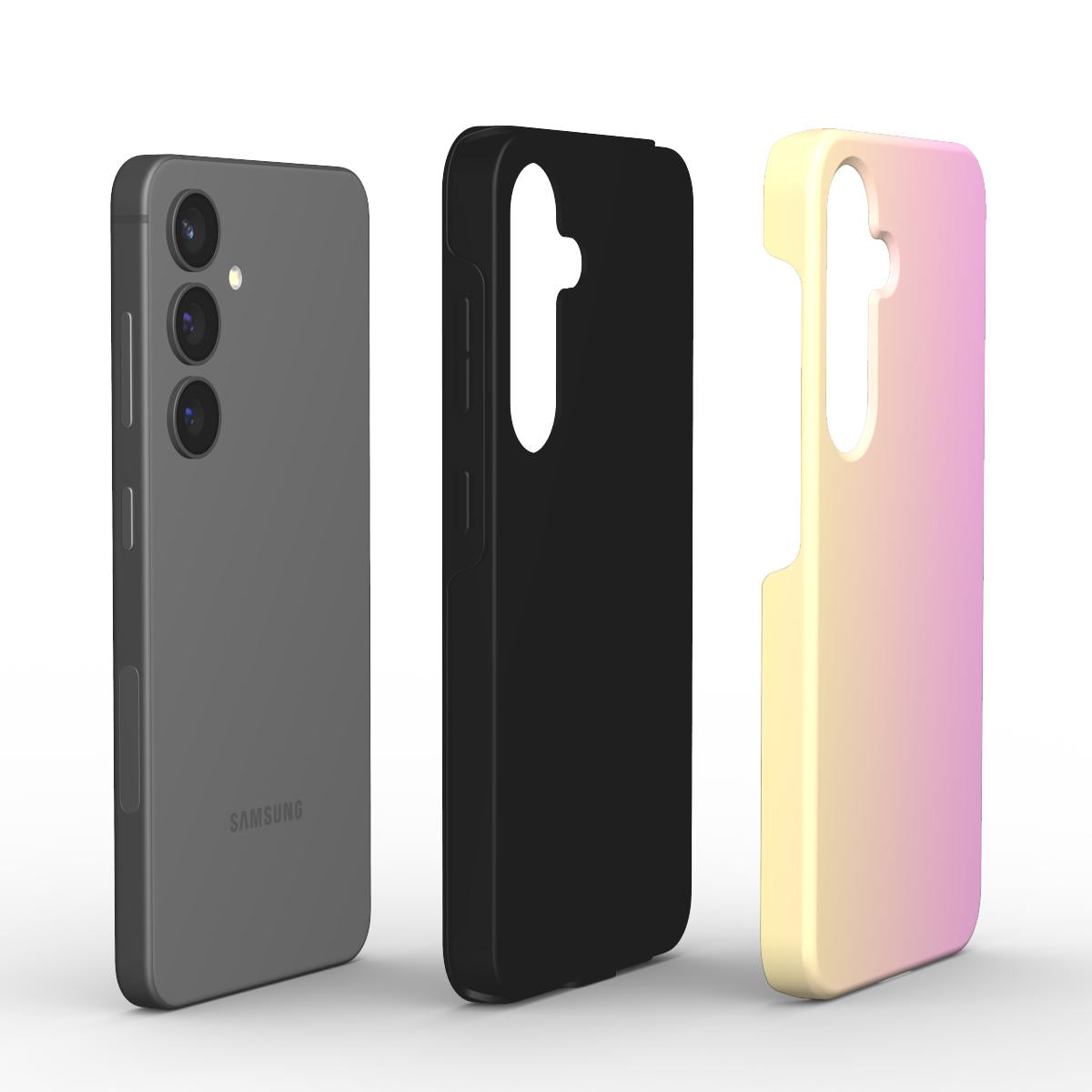 Samsung Handy mit schwarzer Huelle und Farbverlauf Pink Beige Huelle daneben