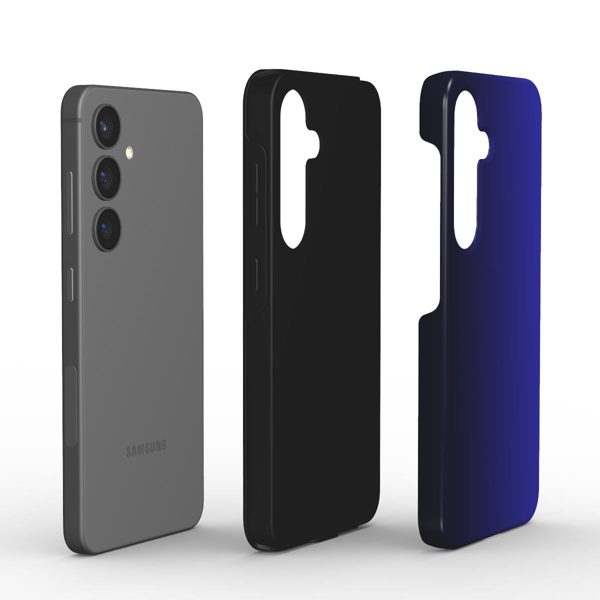 Samsung Handy mit schwarzer Hülle und Schwarz-Blau Farbverlauf Hülle daneben
