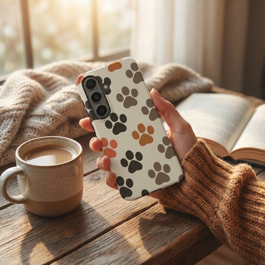Hand in beigem Strickpullover hält eine Smartphone-Hülle mit Pfotenabdruck-Muster in Herbstfarben, neben einer Kaffeetasse auf einem Holztisch