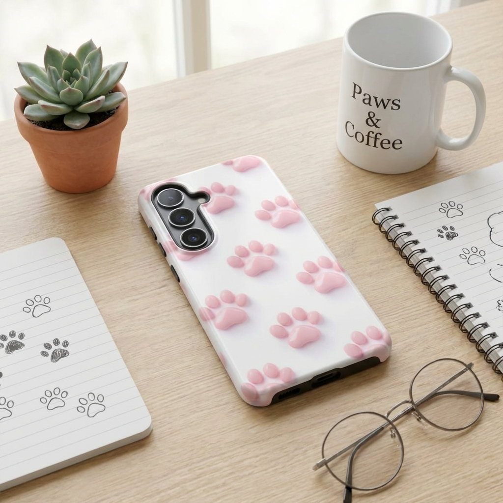 Magnetische Handyhülle mit rosa Pfotenabdrücken auf einem Holzschreibtisch neben einer „Paws & Coffee"-Tasse, einer Sukkulente, einem Notizbuch und einer Brille