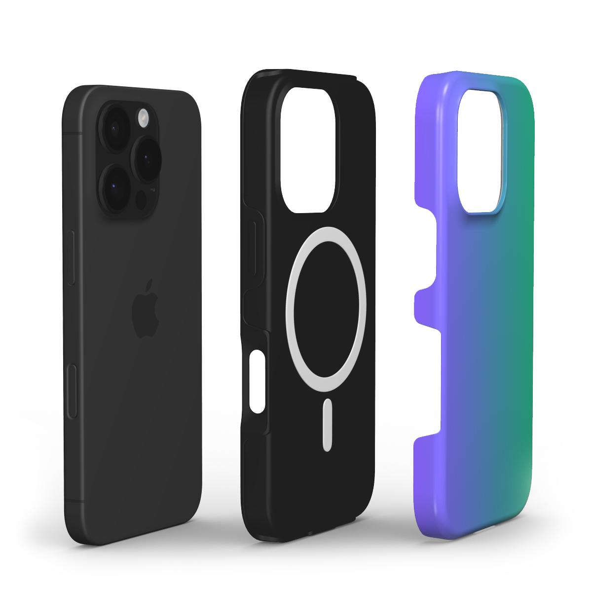 MagSafe Handyhuelle im Gruen-Blau-Gradient Design, Explosionsansicht mit iPhone und Innenansicht der Huellenstruktur