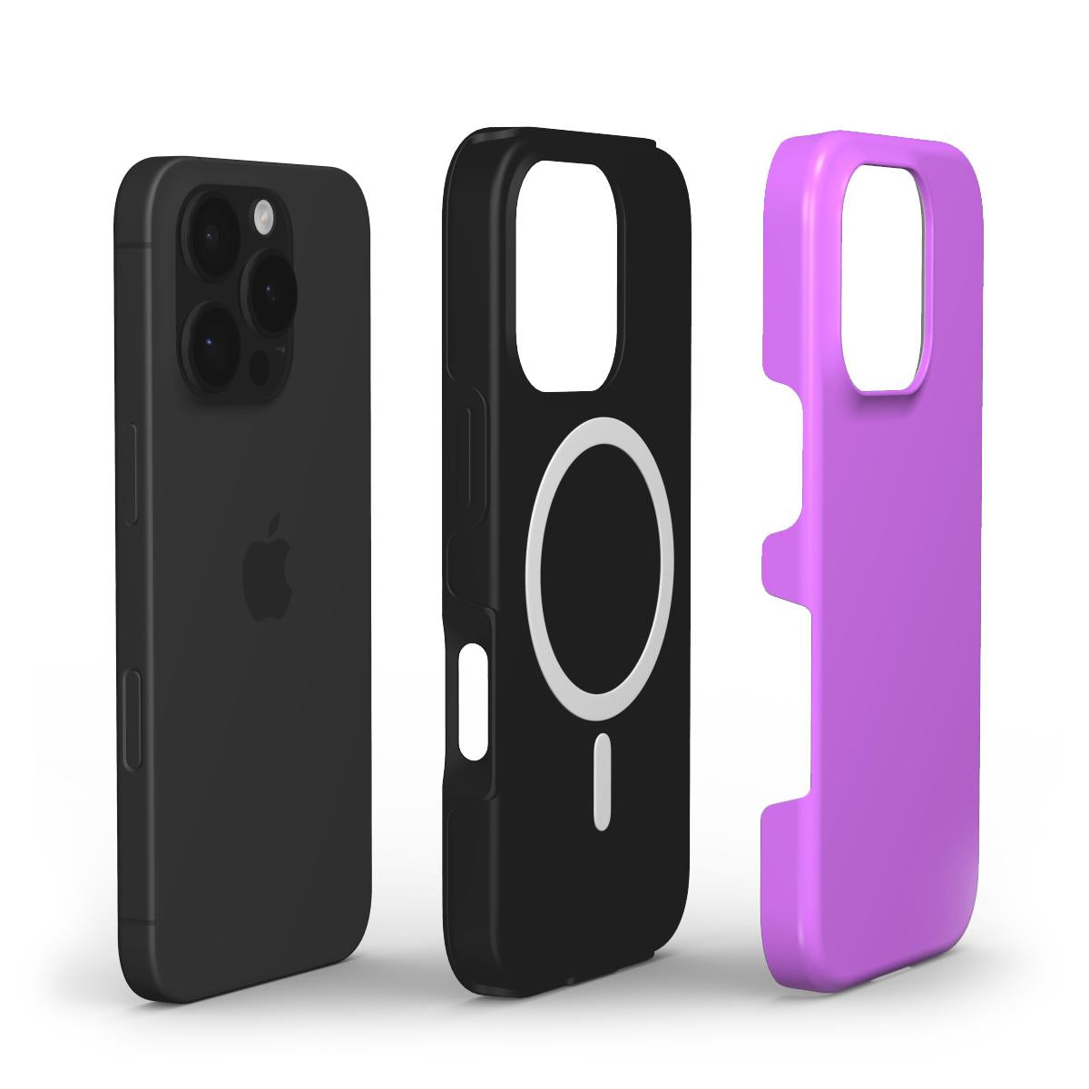 Explosionsansicht: iPhone, schwarze Innenschale mit MagSafe-Ring und magenta Außenschale