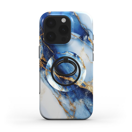 Blau-Weißer Ringhalter auf passender Marmor-Handyhülle im gleichen Design