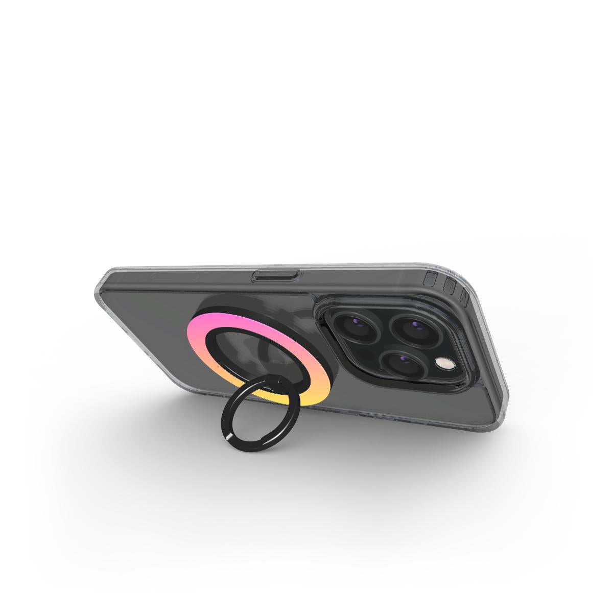 Magnetischer Ringhalter Pink-Gelb – Handy liegt im Querformat mit Ring als Stütze