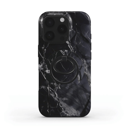 Magnetischer Ringhalter in Schwarz-Marmor-Design auf passender Handyhülle montiert – stilvolle Kombination mit 360° Drehfunktion