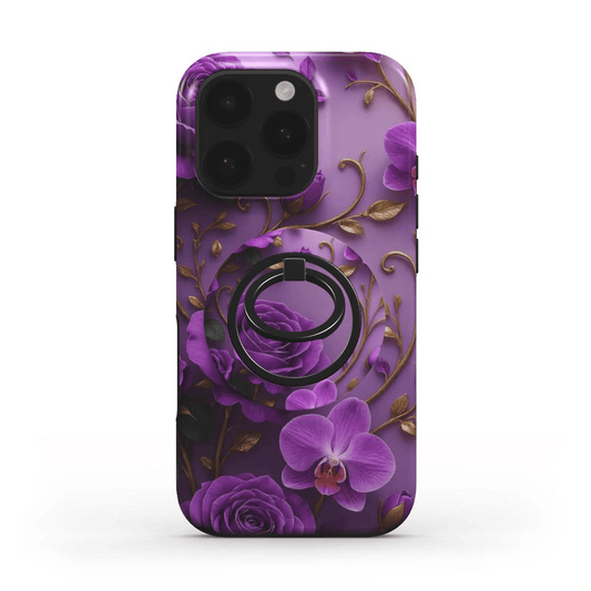 MagSafe Handyhülle Violette Rosen & Orchideen – Rückseite mit Ringhalter