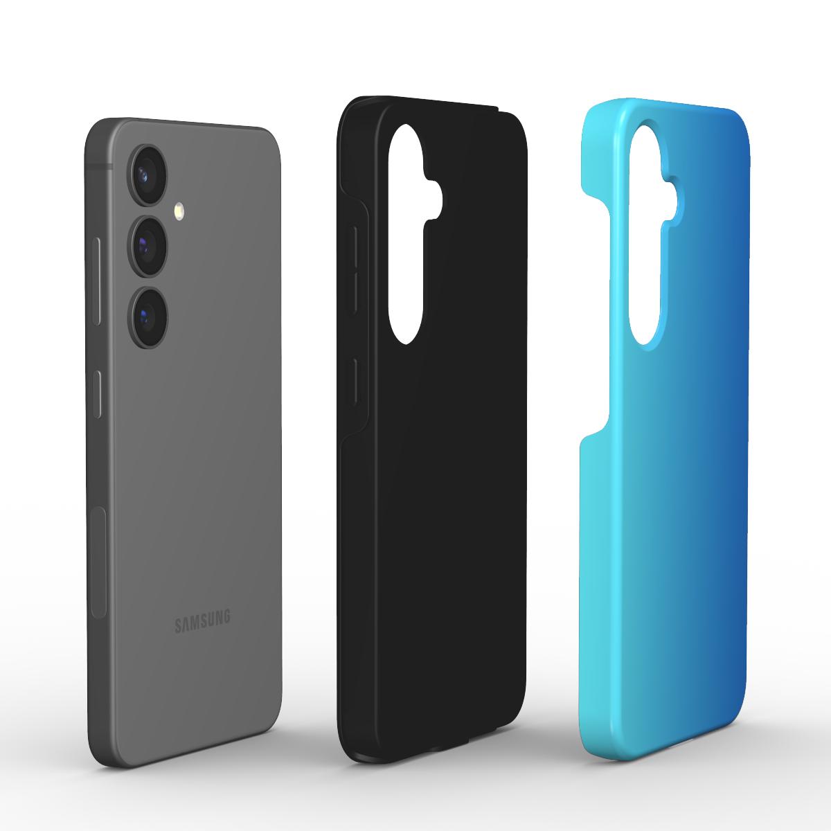 Vergleich von Smartphone ohne Hülle, schwarzer stoßfester Handyhülle und blauer stoßfester Handyhülle mit dual layer Schutz.