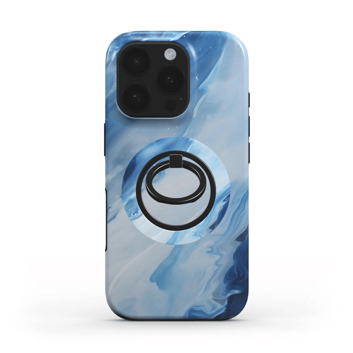 Schräge Ansicht von unten auf ein iPhone, das durch den ausgeklappten Ringhalter gestützt wird und freihändig steht.