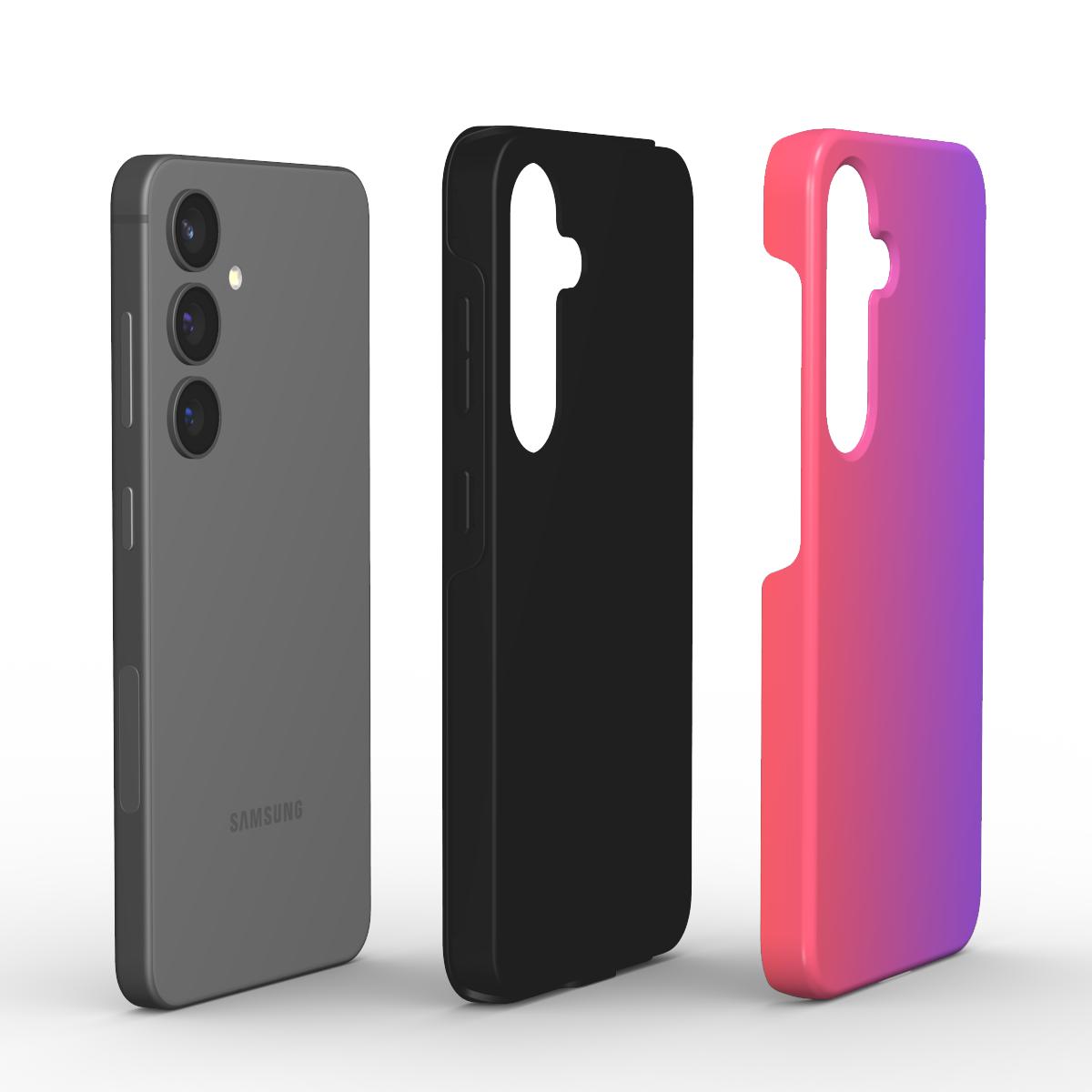 Vergleich: Smartphone ohne Hülle, schwarze Hülle und Velvet Shift Hülle mit Pink-Violett Farbverlauf.