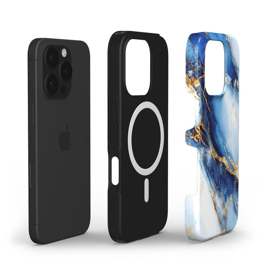 Stoßfeste Samsung-Handyhülle mit schwarzer Innenhülle und elegantem blau-goldenem Marmor-Design für Galaxy Smartphone.
