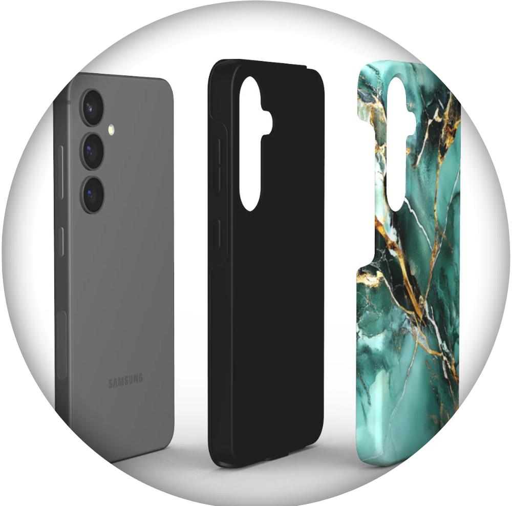 Stoßfeste Samsung-Handyhülle mit schwarzer Innenhülle und elegantem blau-goldenem Marmor-Design für Galaxy Smartphone.