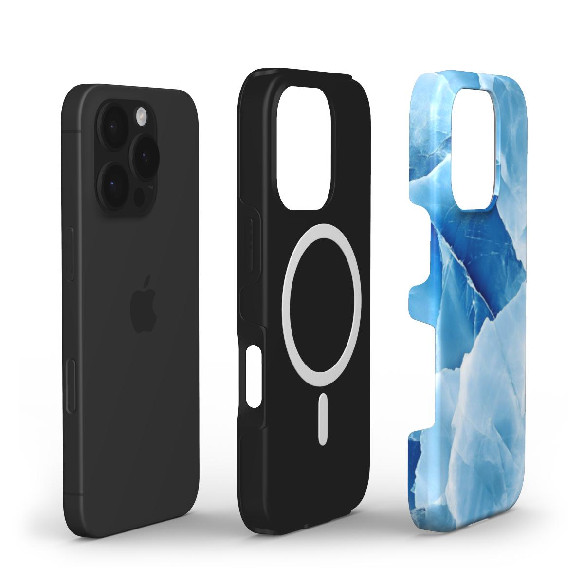 Stoßfeste MagSafe-Handyhülle mit schwarzer Innenhülle und blau-weißem Marmor-Design, passend für iPhone und Samsung.