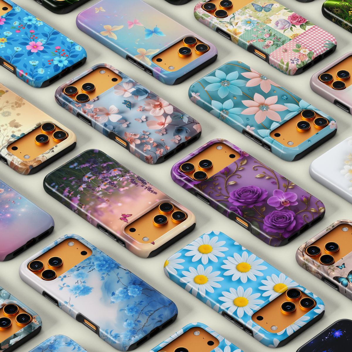 Kollektion von wunderschönen Handyhüllen mit verschiedenen Blumen-Mustern, Blüten und Schmetterlingen.