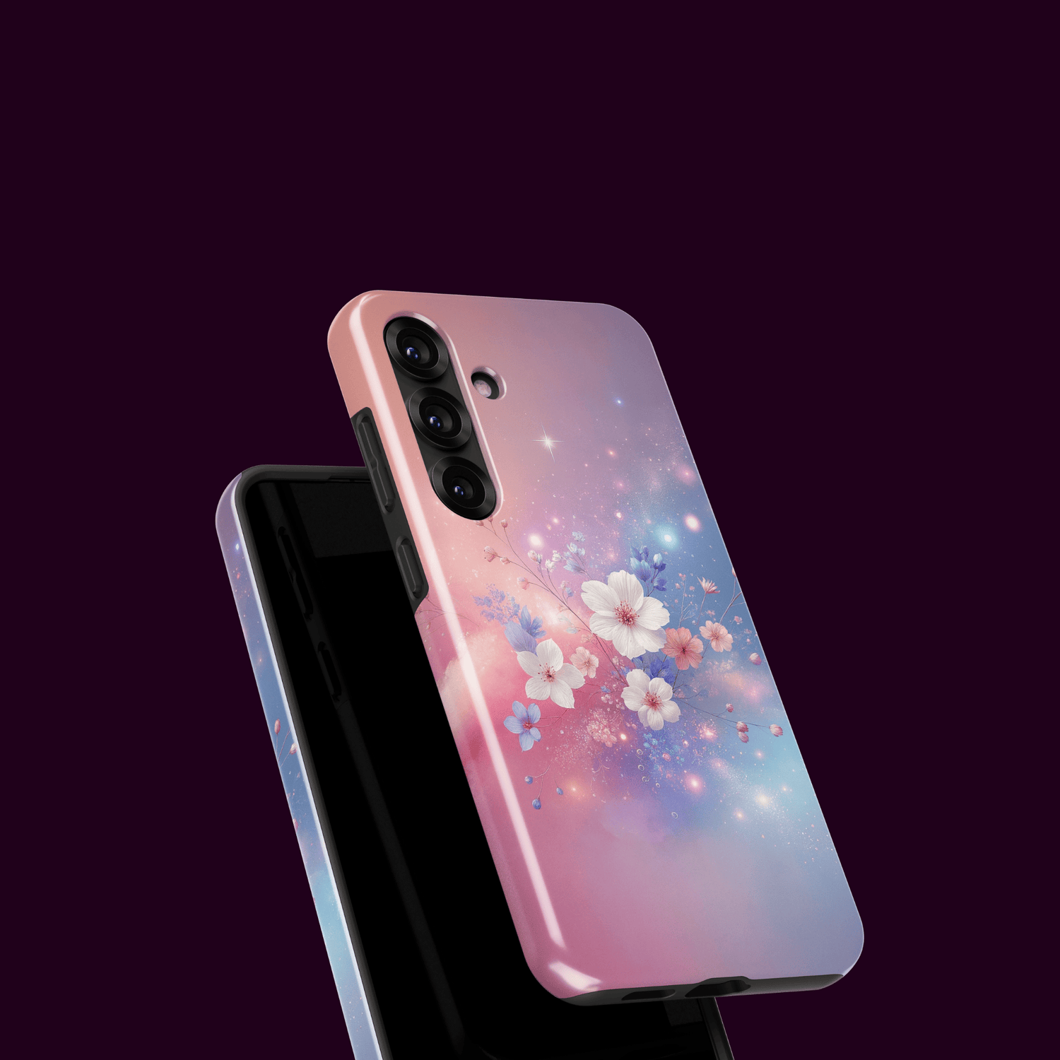 Stoßfeste Handyhülle im rosa-blauem Blumen-Design mit funkelnden Lichtakzenten, modern schwebend vor dunklem Hintergrund präsentiert