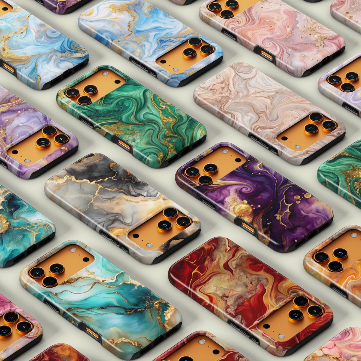 Kollektion von Handyhüllen im abstrakten Liquid-Flow-Design mit fliessenden Farben und edlen Gold-Akzenten.