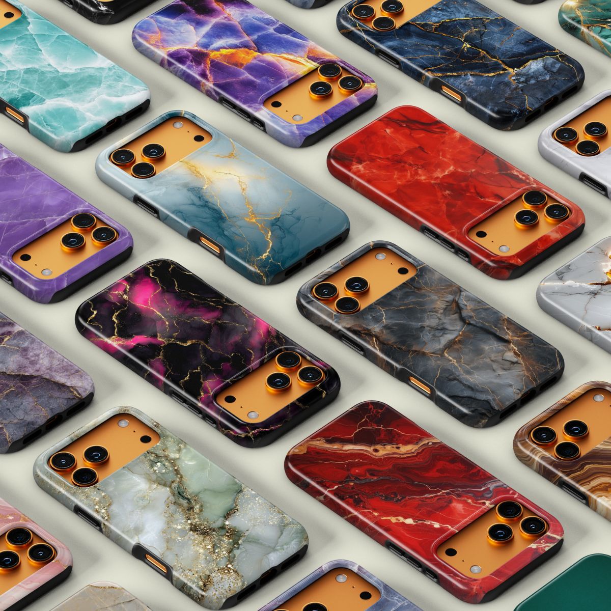 Kollektion von eleganten Handyhüllen in Marmor-Optik mit feinen, goldenen Akzenten in verschiedenen Farben.