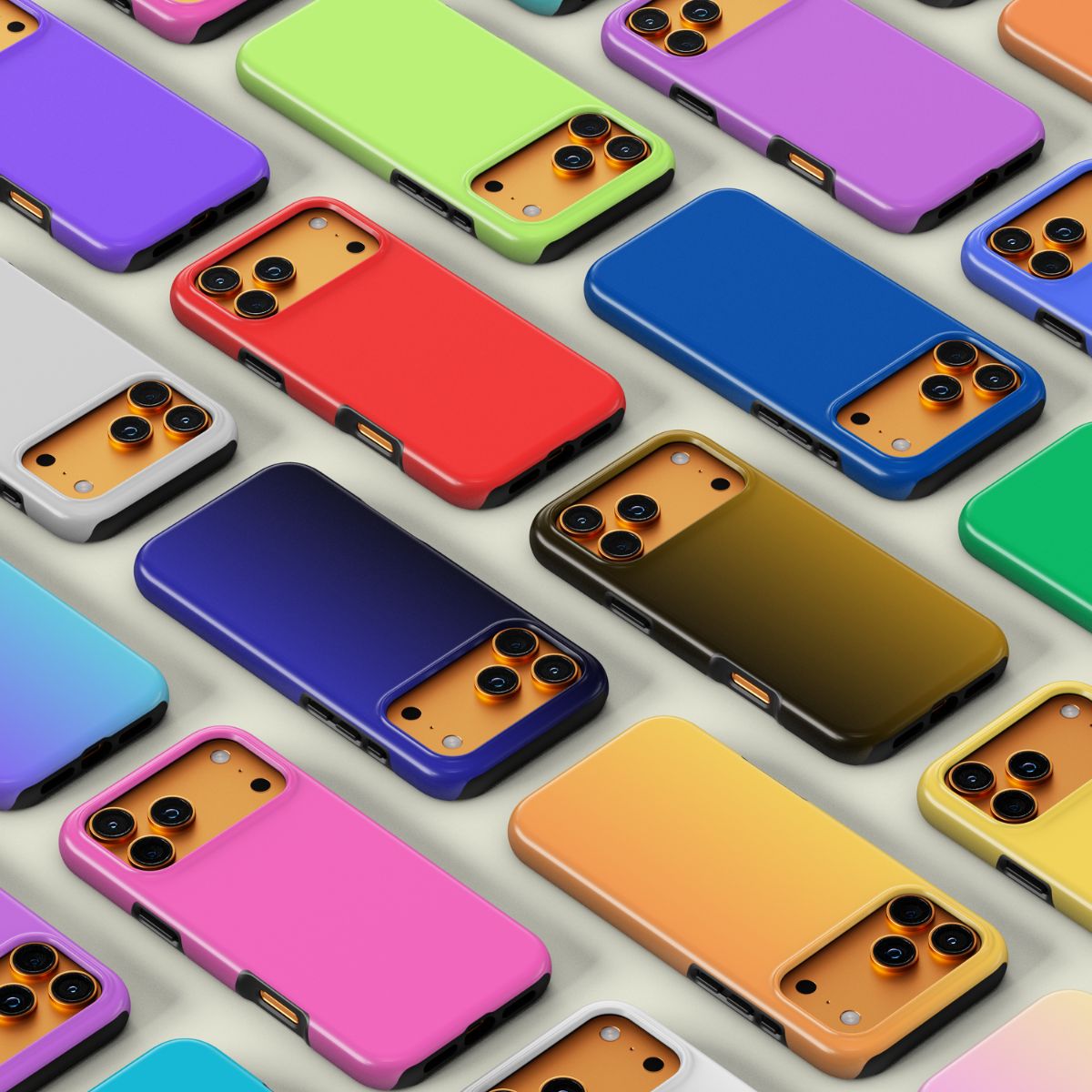 Kollektion von einfarbigen, minimalistischen Handyhüllen in vielen verschiedenen leuchtenden Farben.