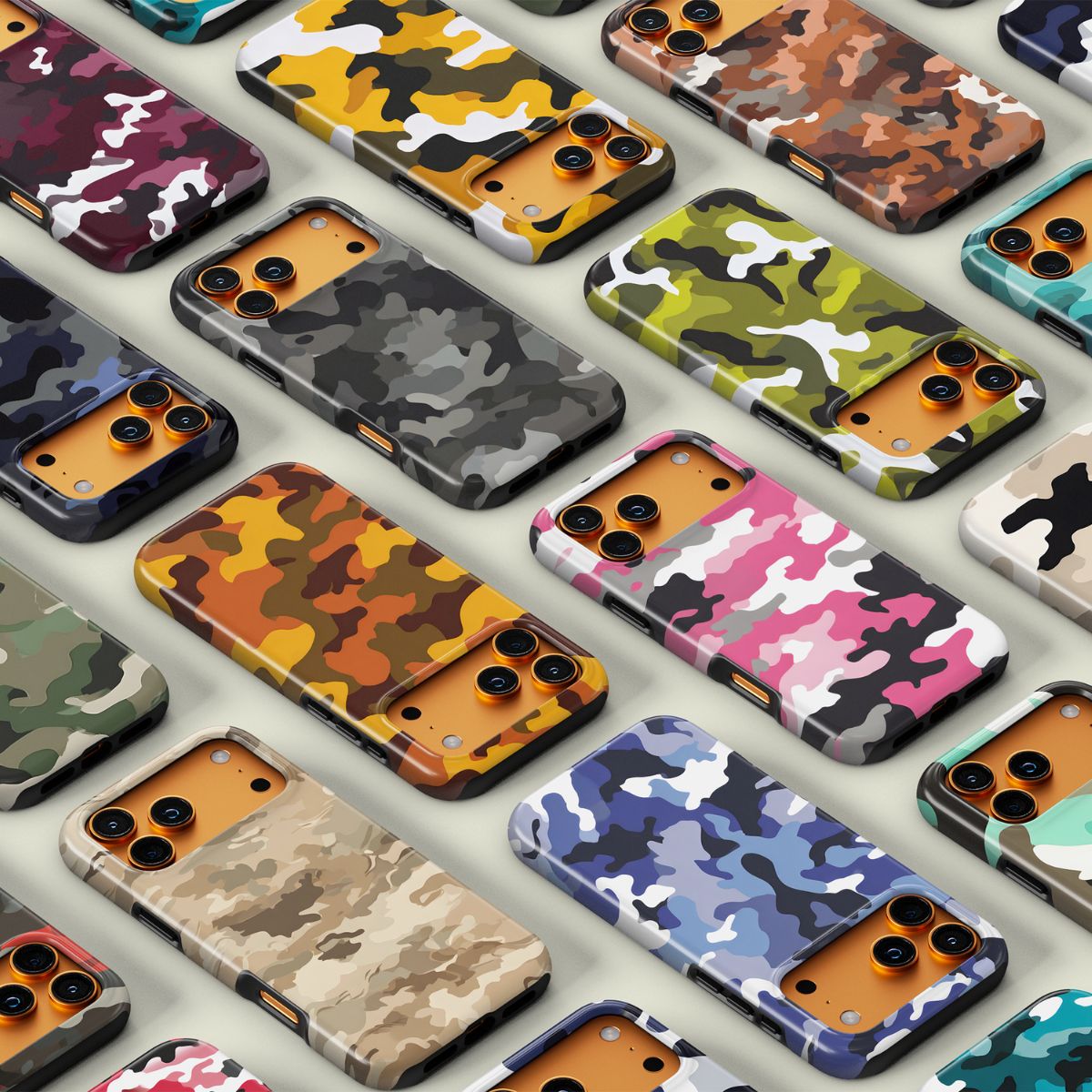 Kollektion von stylischen Handyhüllen mit coolen Camouflage- und Tarnmustern in vielen verschiedenen Farben