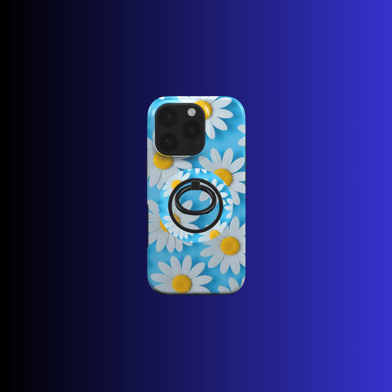 Magnetischer Ringhalter auf einer MagSafe-Handyhülle mit blauem Hintergrund und weißen Gänseblümchen, frontal aufgenommen auf weißem Hintergrund.
