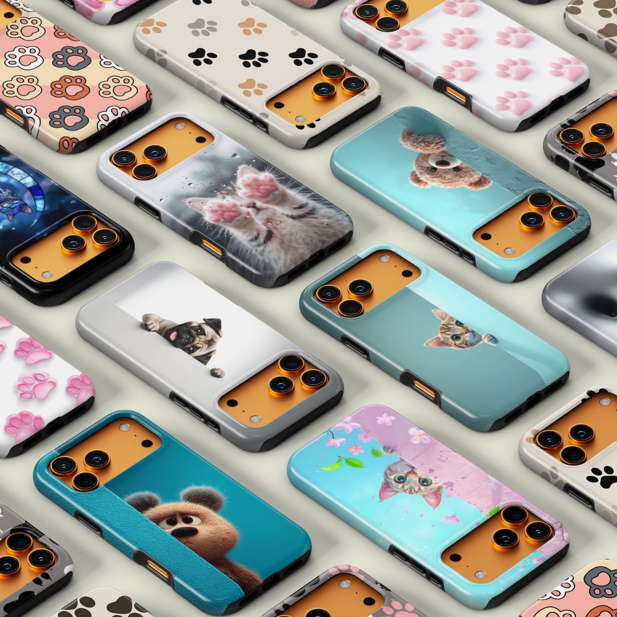 Übersicht einer Handyhüllen-Kollektion mit verschiedenen Tiermotiven, darunter süße Katzen, Hunde, Bären und bunte Pfotenabdrücke auf hochwertigen Cases