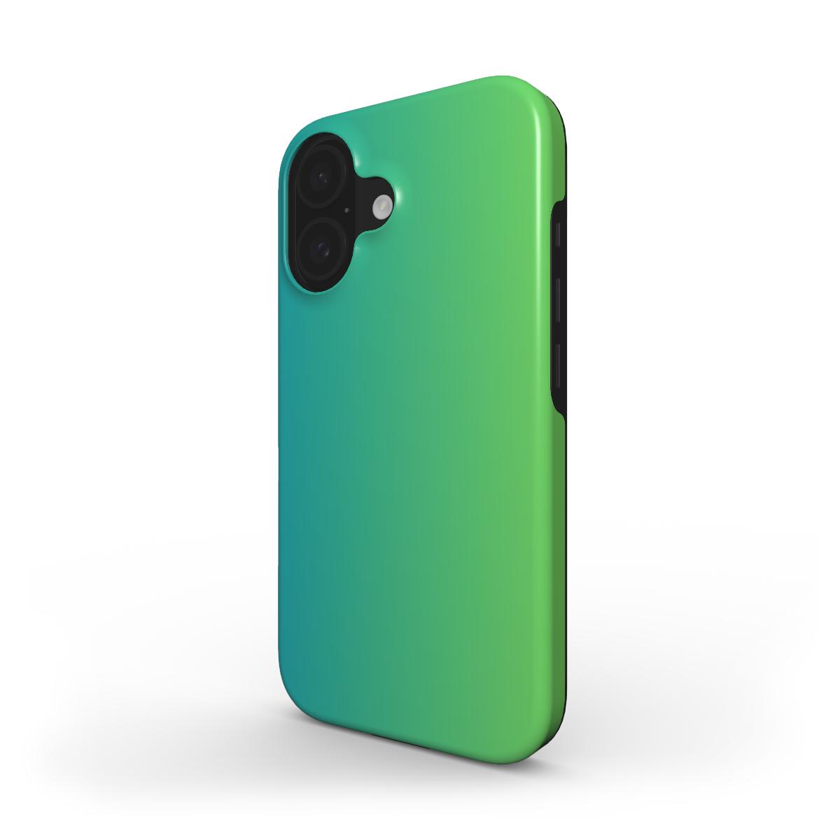 Robuste und stylische iPhone 16 Plus Handyhülle in grün-blauem Farbverlauf, passgenau mit Schutz für Kamera und Seiten.