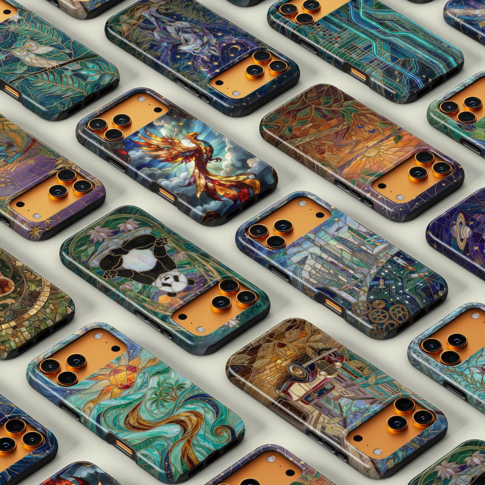 Lumina Mosaik Edition – Stoßfeste Handyhüllen Kollektion – Glasmosaik Design Handyhüllen für iPhone und Samsung – Alle Motive im Überblick: Wolf, Phönix, Panda, Eule, Oldtimer, Futuristische Stadt, Tropische Sonne und mehr