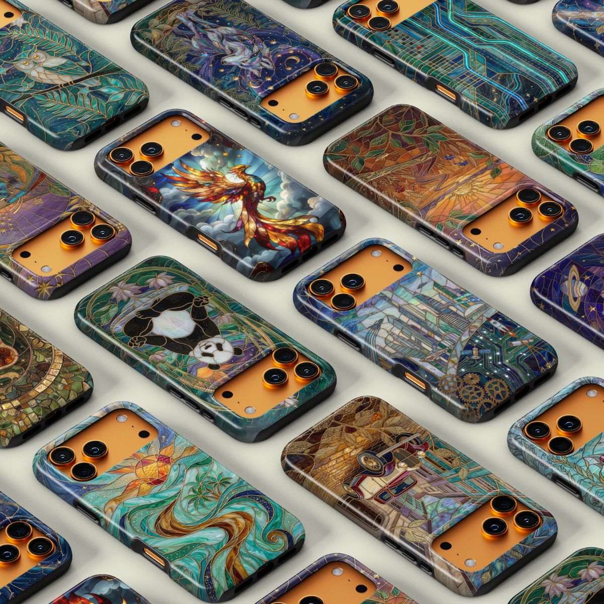Lumina Mosaik Edition – Stoßfeste Handyhüllen Kollektion – Glasmosaik Design Handyhüllen für iPhone und Samsung – Alle Motive im Überblick: Wolf, Phönix, Panda, Eule, Oldtimer, Futuristische Stadt, Tropische Sonne und mehr