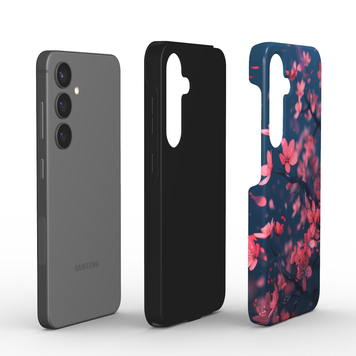 Aufbau der stoßfesten Sakura Handyhülle mit TPU-Innenschicht und PC-Außenschale im floralen Design